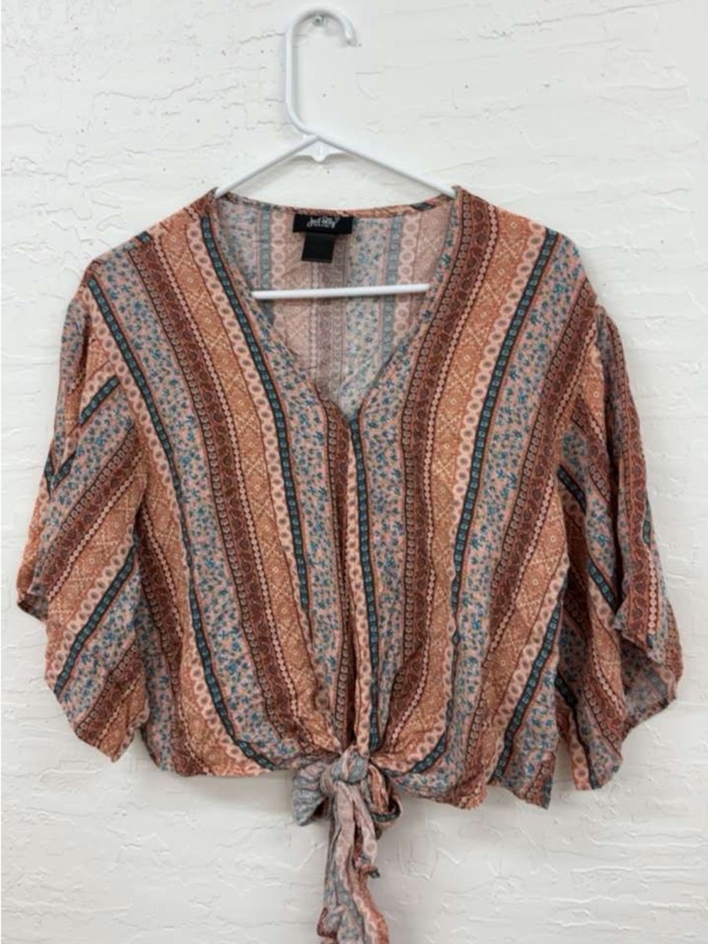 Just Polly New York XS Paisley Tie Front Boho Kimono Sleeve Blouse